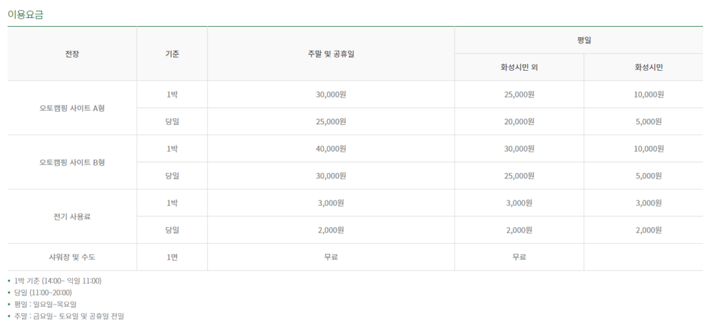 향남오토캠핑장 이용요금표