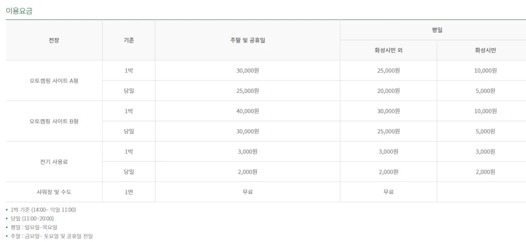 향남오토캠핑장 이용요금표